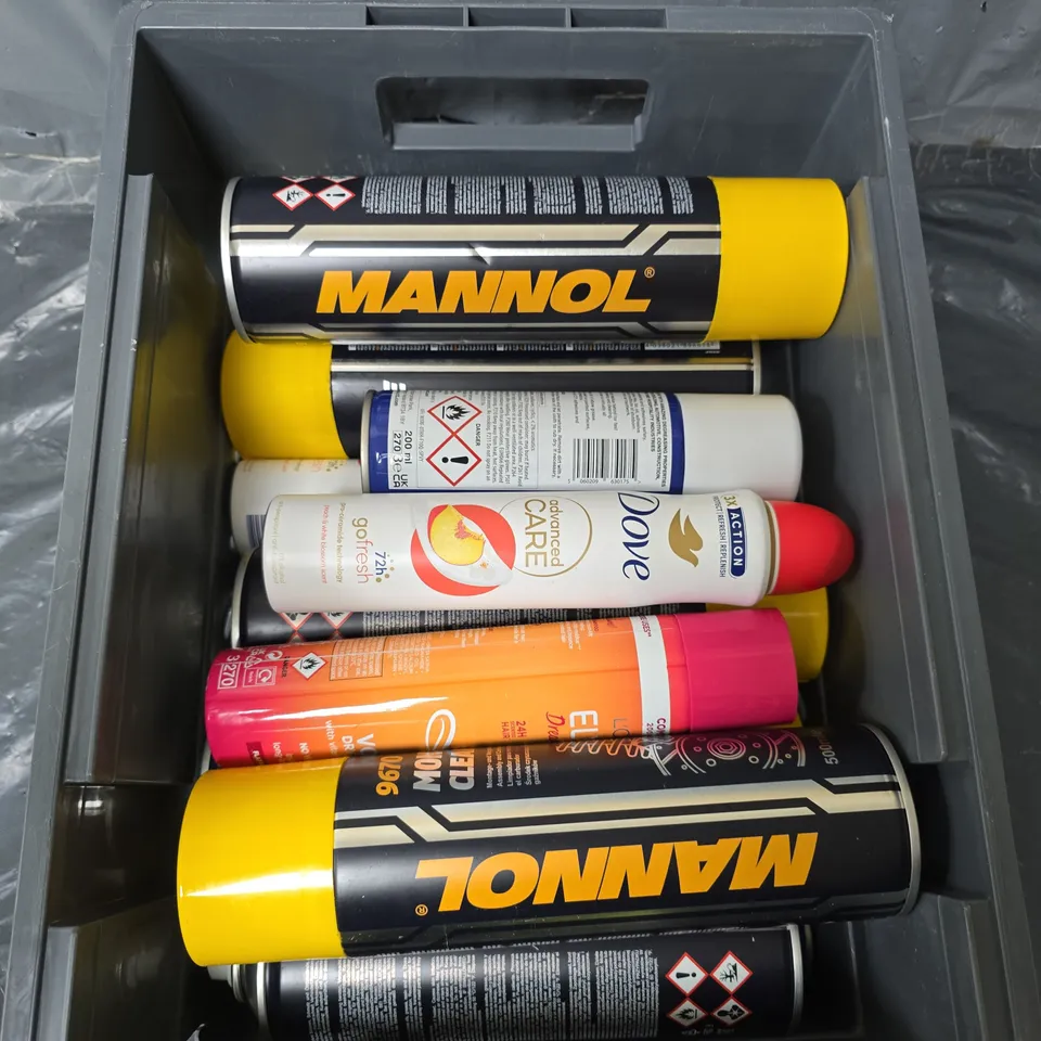 APPROXIMATELY 10 ASSORTED AEROSOLS TO INCLUDE DOVE SPRAY , MANNOL , LOREAL , ETC 
