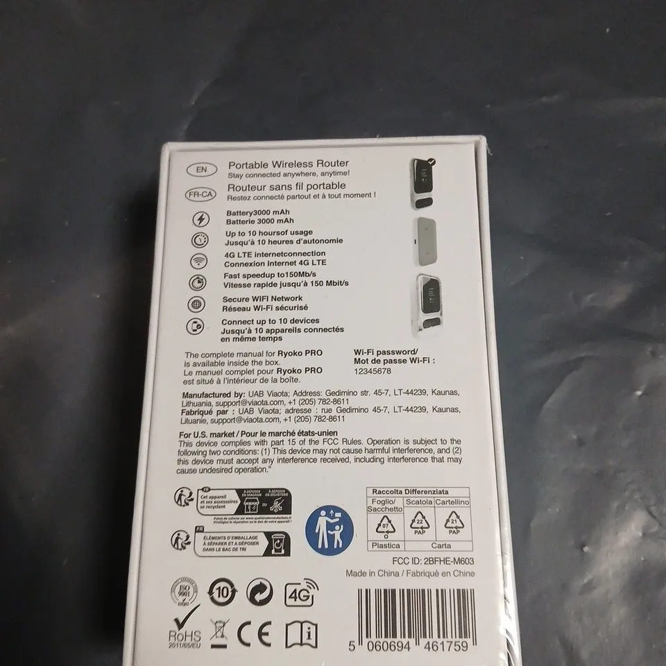 RYOKO PORTABLE WIRELESS ROUTER - 4G LTE, BATTERY POWERED 