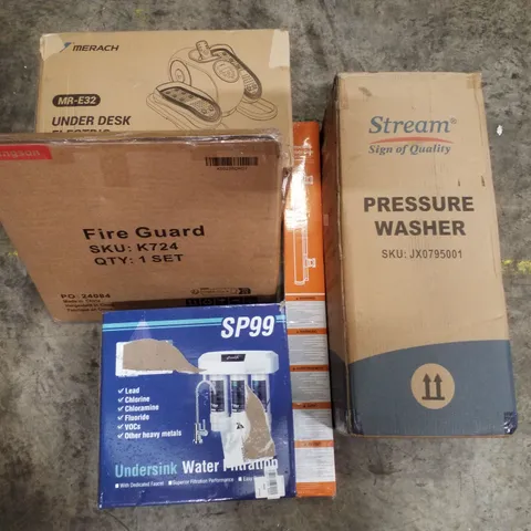 PALLET CONTAINING ASSORTED PRODUCTS INCLUDING PRESSURE WASHER, RETRACTABLE SAFETY GATE, UNDERSINK WATER FILTRATION, FIRE GUARD & UNDER DESK ELECTRIC ELLIPTICAL TRAINER