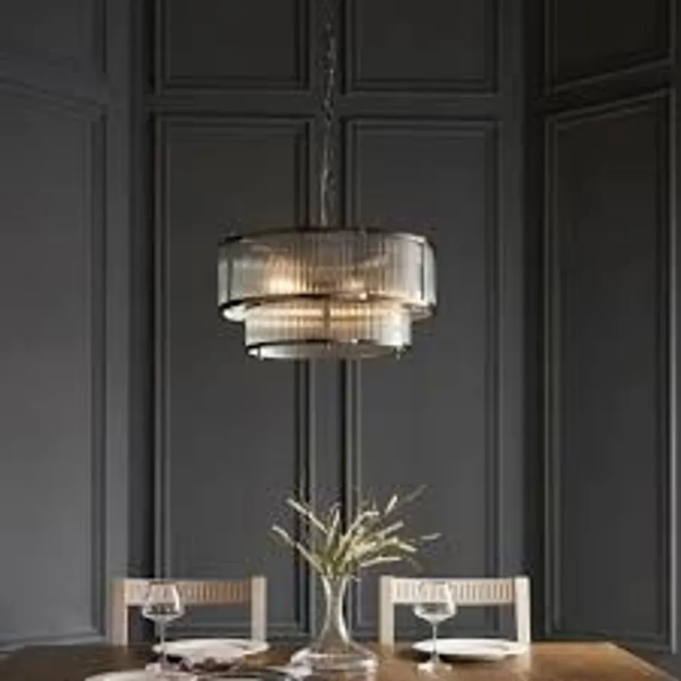 BOXED ENDON LIGHTING RIDGETON ANTIQUE BRASS CLEAR RIBBED GLASS 5 LIGHT CEILING PENDANT LIGHT