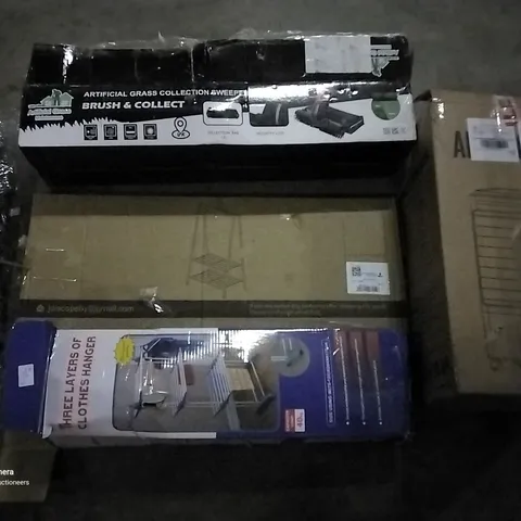 PALLET OF ASSORTED ITEMS INCLUDING ARTIFICIAL GRASS COLLECTION SWEEPER, AIR COOLER, CLOTHES HANGERS, SHOE RACK, AIR FRYER