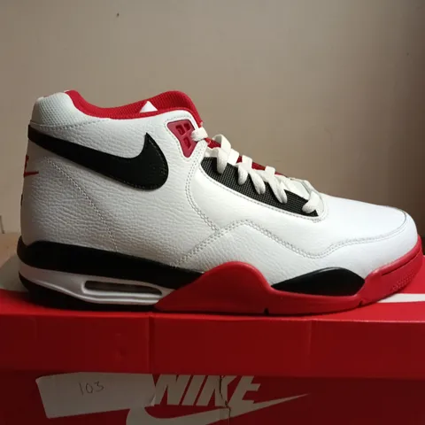 BOXED PAIR OF NIKE FLIGHT LEGACY SNEAKERS – WHITE/BLACK/UNIVERSITY RED, UK 11 (US 12)