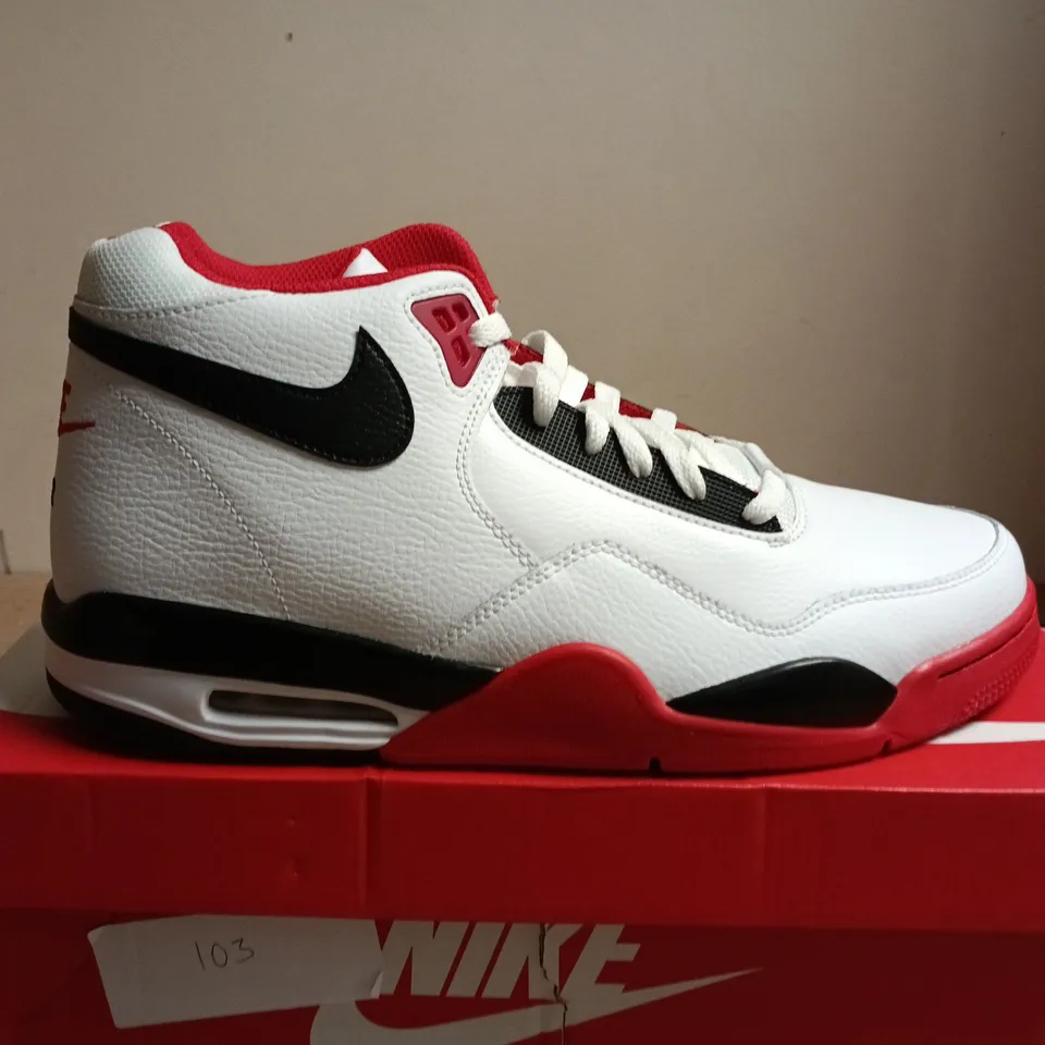 BOXED PAIR OF NIKE FLIGHT LEGACY SNEAKERS – WHITE/BLACK/UNIVERSITY RED, UK 11 (US 12)