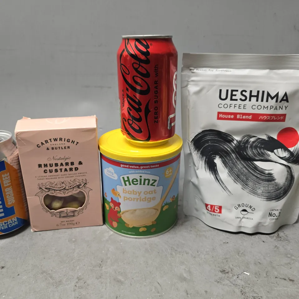 APPROXIMATELY 12 ASSORTED FOOD & DRINK ITEMS TO INCLUDE - COCA COLA ZERO SUGAR , UESHIMA COFFEE COMPANY , IRN BRU ETC