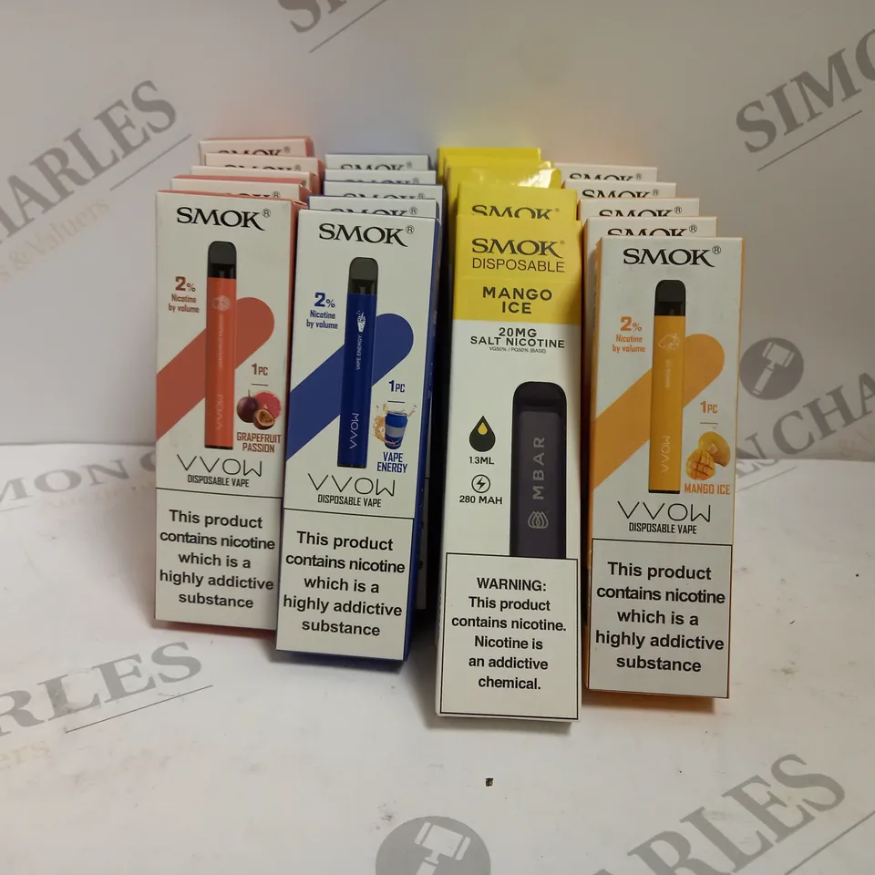APPROXIMATELY 20 ASSORTED SMOK VVOW DISPOSABLE VAPES TO INCLUDE GRAPEFRUIT PASSION, MANGO ICE, AND VAPE ENERGY FLAVOURS