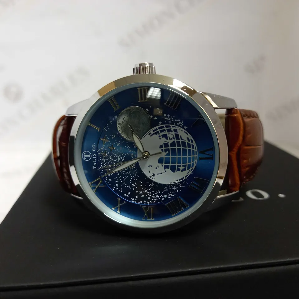 TALIS CO. AUTOMATIC ASTRO GLOBE DETAIL LEATHER STRAP WRISTWATCH RRP £699