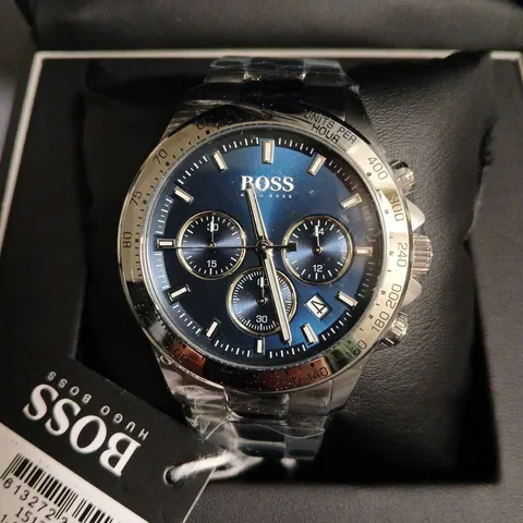 BOXED HUGO BOSS ALL STAINLESS STEEL WATCH WITH MIDNIGHT BLUE DIAL