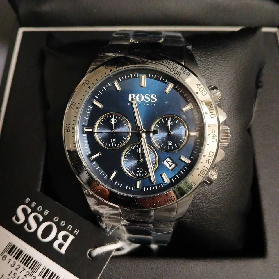 BOXED HUGO BOSS ALL STAINLESS STEEL WATCH WITH MIDNIGHT BLUE DIAL