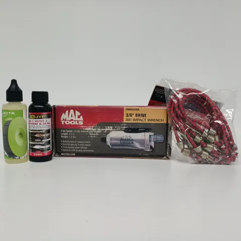 APPROXIMATELY 10 ASSORTED ITEMS TO INCLUDE AIR IMPACT WRENCH, 10" MINI BUNGEE CORDS, ETC
