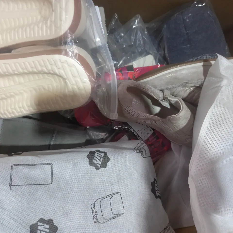 BOX OF APPROXIMATELY 15 ASSORTED PAIRS OF SHOES AND FOOTWEAR ITEMS IN VARIOUS STYLES AND SIZES TO INCLUDE LIVERGY, BOUX AVENUE, KENTTI, ETC