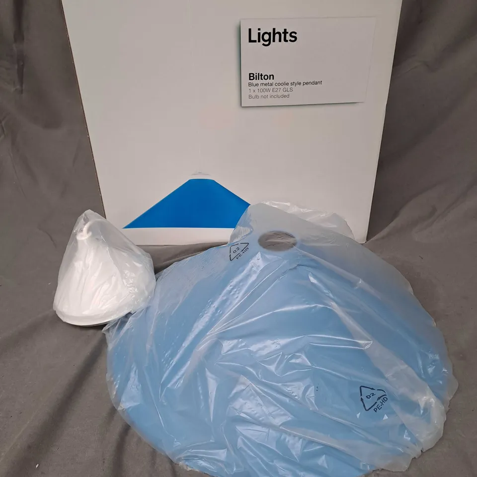 PALLET OF APPROXIMATELY 16 X2 LIGHTS BLUE METAL COOLIE STYLE PENDANTS - COLLECTION ONLY