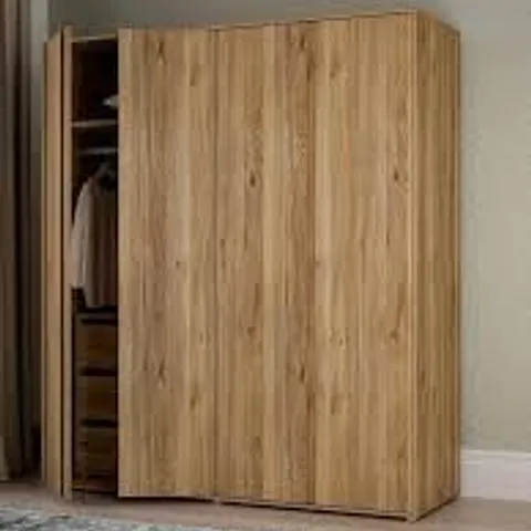 BOXED LISSON 4 DOOR WARDROBE WITH INTERNAL CHEST OF DRAWERS - NEW OAK (5 BOXES)