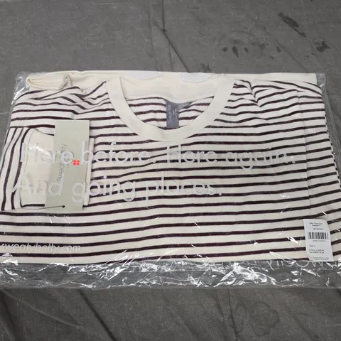 SWEATY BETTY STRIPED KNIT TOP – WHITE WITH GARNET RED STRIPES, SIZE L