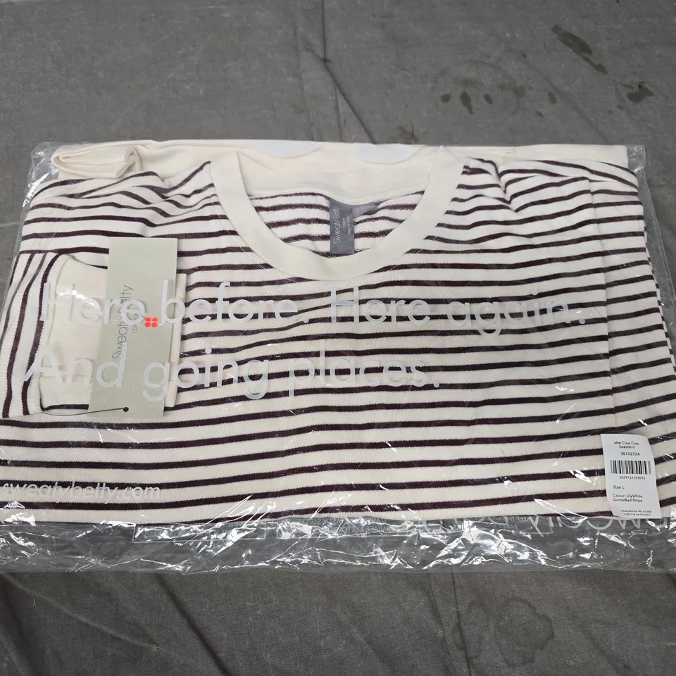 SWEATY BETTY STRIPED KNIT TOP – WHITE WITH GARNET RED STRIPES, SIZE L