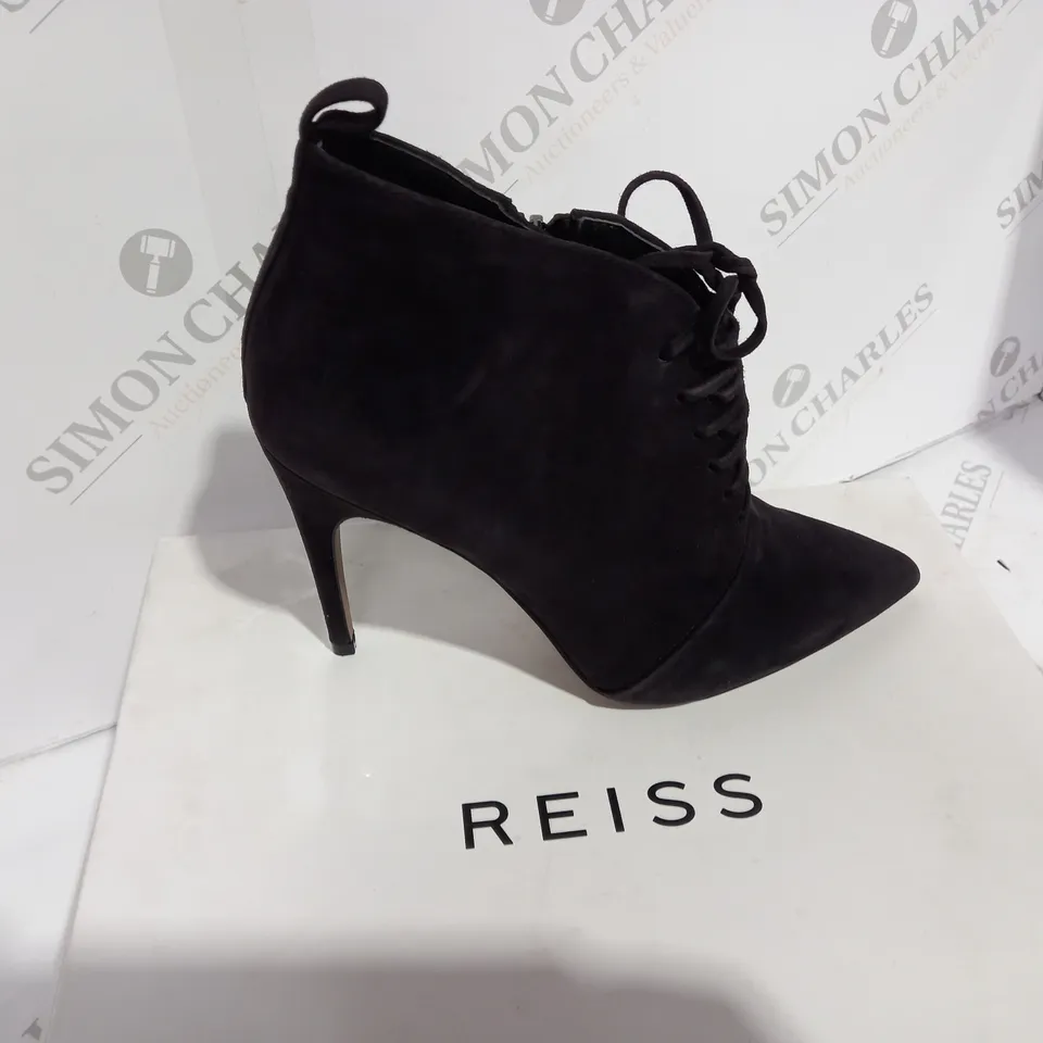 BOXED REISS SUEDE CHOCOLATE BOOT HEELS - SIZE 5