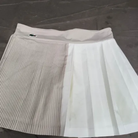 LACOSTE JUPE LD99 – PLEATED COLOUR-BLOCK SKIRT, WHITE & BEIGE, UK 12