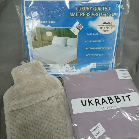 APPROXIMATELY 15 ASSORTED HOUSEHOLD PRODUCTS TO INCLUDE BED SHEETS, HOT WATER BOTTLE, MATTRESS PROTECTOR ETC 