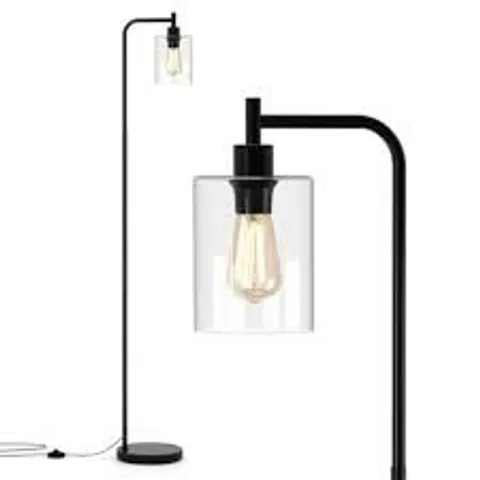 BOXED INDUSTRIAL FLOOR LAMP WITH HANGING GLASS LAMPSHADE AND FOOT SWITCH