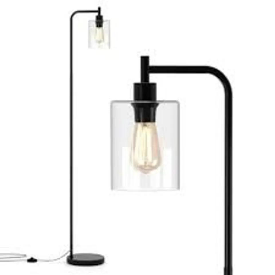 BOXED INDUSTRIAL FLOOR LAMP WITH HANGING GLASS LAMPSHADE AND FOOT SWITCH