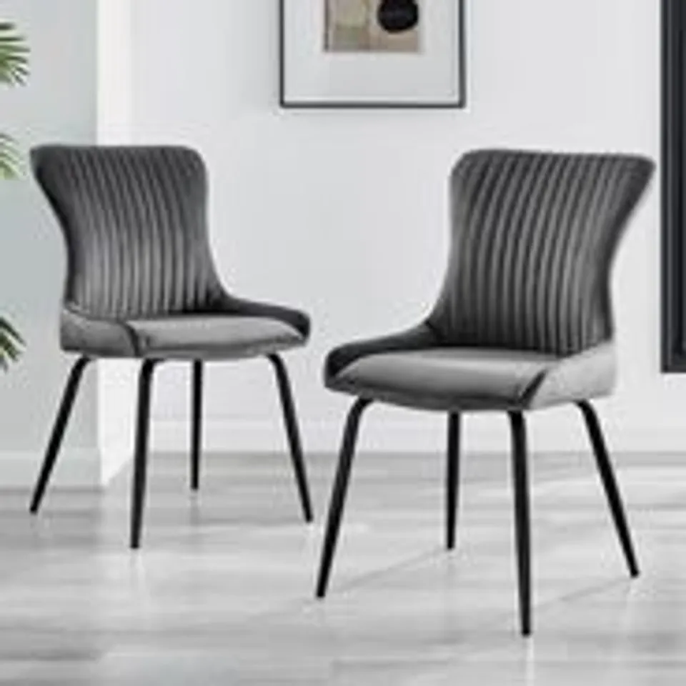 BOXED 2× MIRELLE GREY FABRIC DINING CHAIRS BRONZE LEGS