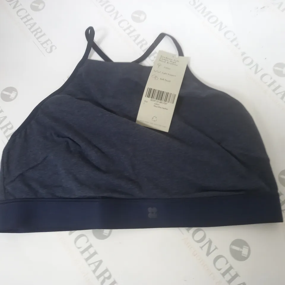 SWEATY BETTY SUNDOWN SOFT COTTON HIGH NECK BRALETTE IN NAVY - L