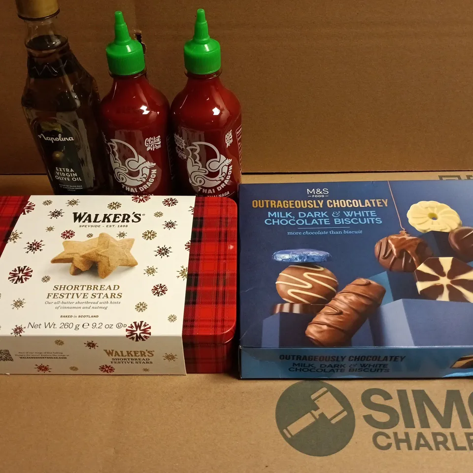 APPROXIMATELY 5 ASSORTED FOOD ITEMS TO INCLUDE BISCUITS, HOT SAUCE AND SHORTBREAD