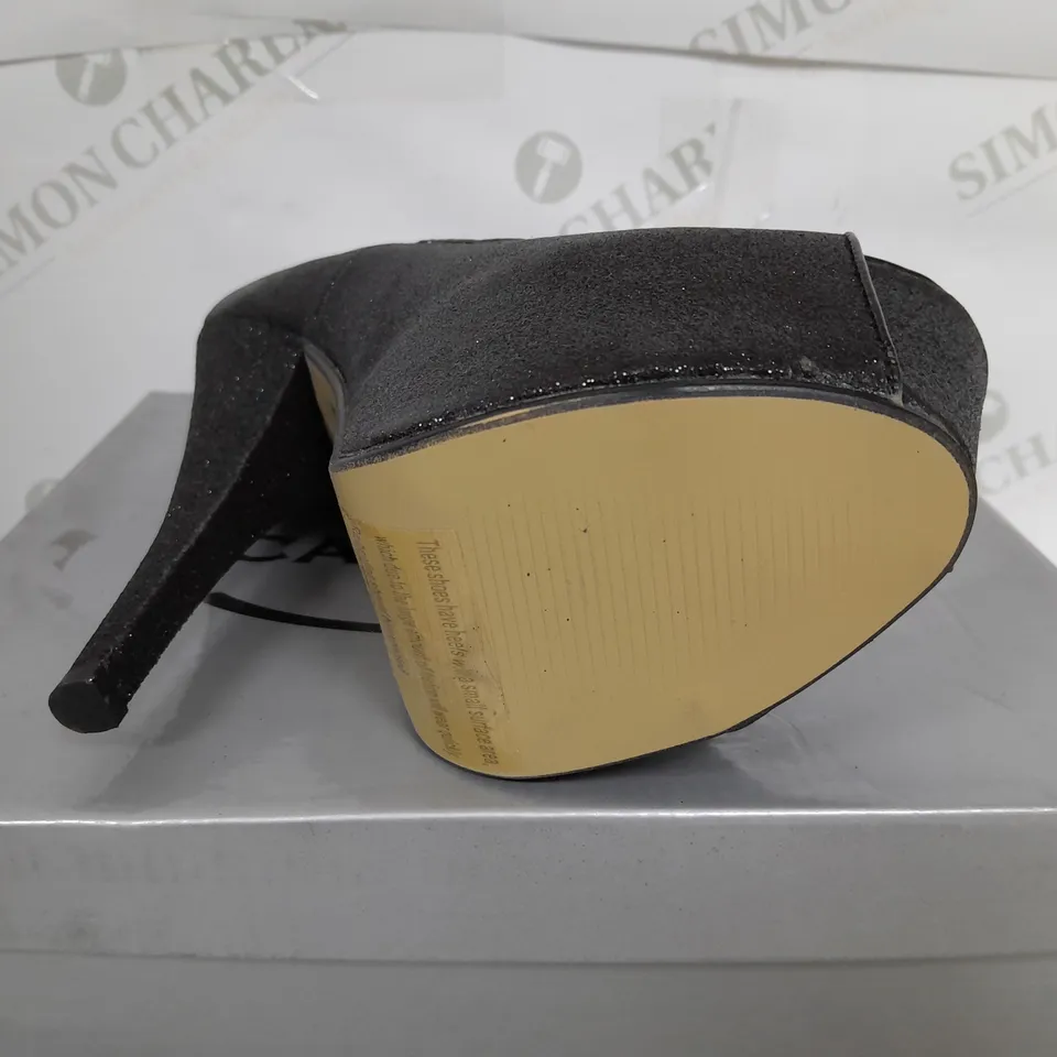 BOXED PAIR OF CASANDRA OPEN TOE HEELS IN BLACK GLITTER - SIZE 38