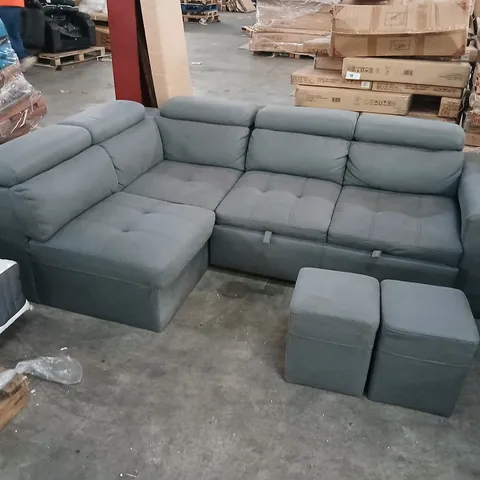 DESIGNER GREY FABRIC L SHAPED PULL OUT CORNER BED WITH TWO STOOLS AND ADJUSTABLE HEADRESTS