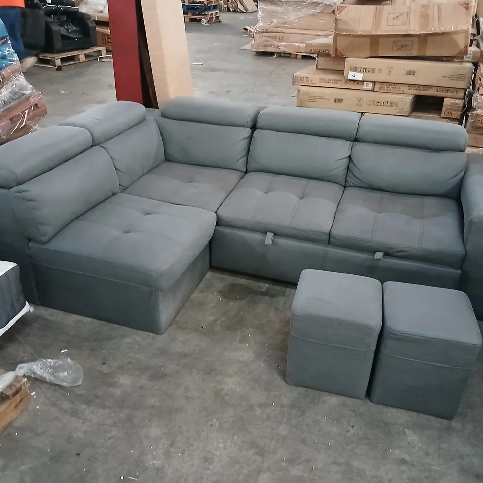 DESIGNER GREY FABRIC L SHAPED PULL OUT CORNER BED WITH TWO STOOLS AND ADJUSTABLE HEADRESTS