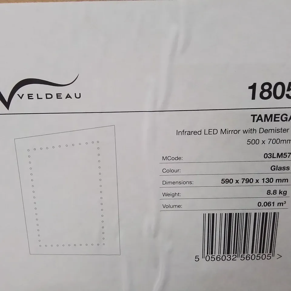 BOXED AS NEW VELDEAU TAMEGA INFRARED LED MIRROR WITH DEMISTER - 500X700MM