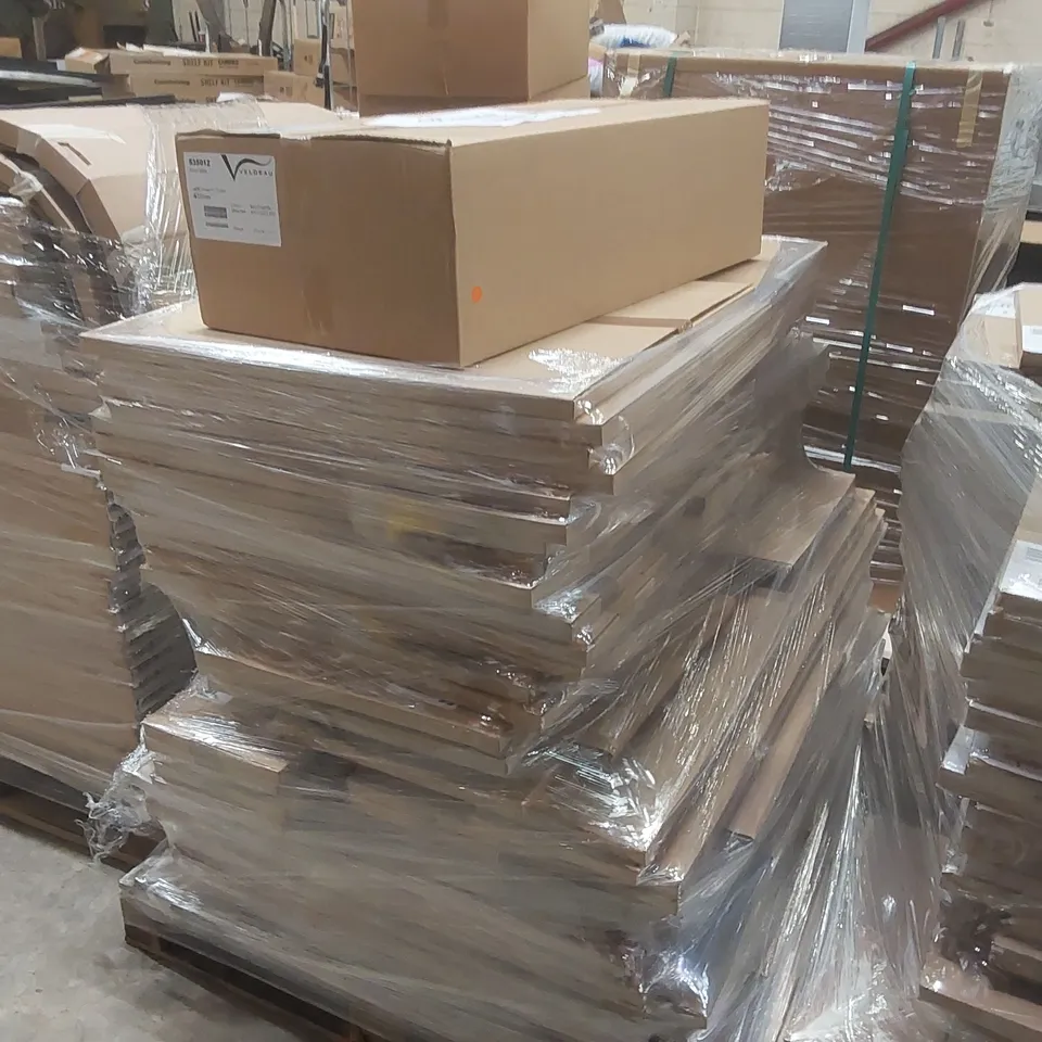 PALLET CONTAINING A LARGE QUANTITY OF ASSORTED BATHROOM FURNITURE PARTS INCLUDING: VANITY CARCASS, TALL WALL END/INFIL PANEL, BASIN DOOR ECT