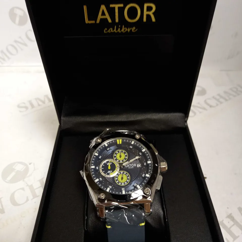 LATOR CALIBRE BLUE & YELLOW DIAL SUEDE LEATHER STRAP WATCH RRP £635