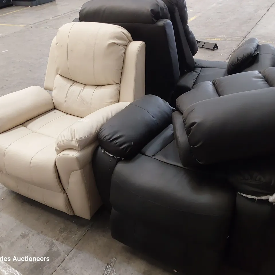 ASSORTED UPHOLSTERED CHAIR & SOFA PARTS, INCLUDING CREAM FAUX LEATHER MANUAL RECLINING CHAIRM TWO SEATER MANUAL RECLINING SOFA MISSONG BACK SECTION, MANUAL RECLINING CHAIR DAMAGED FABRIC 