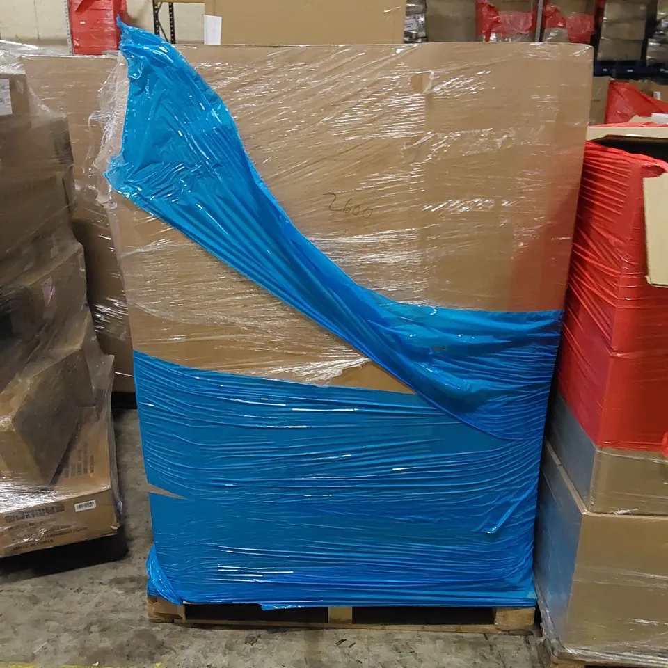 PALLET TO CONTAIN ASSORTED HOUSEHOLD ITEMS AND CONSUMER PRODUCTS. INCLUDING LARGE CHARACTER CUT OUT, SKATEBOARD, LIGHT SHADES, GAMING CHAIR ETC