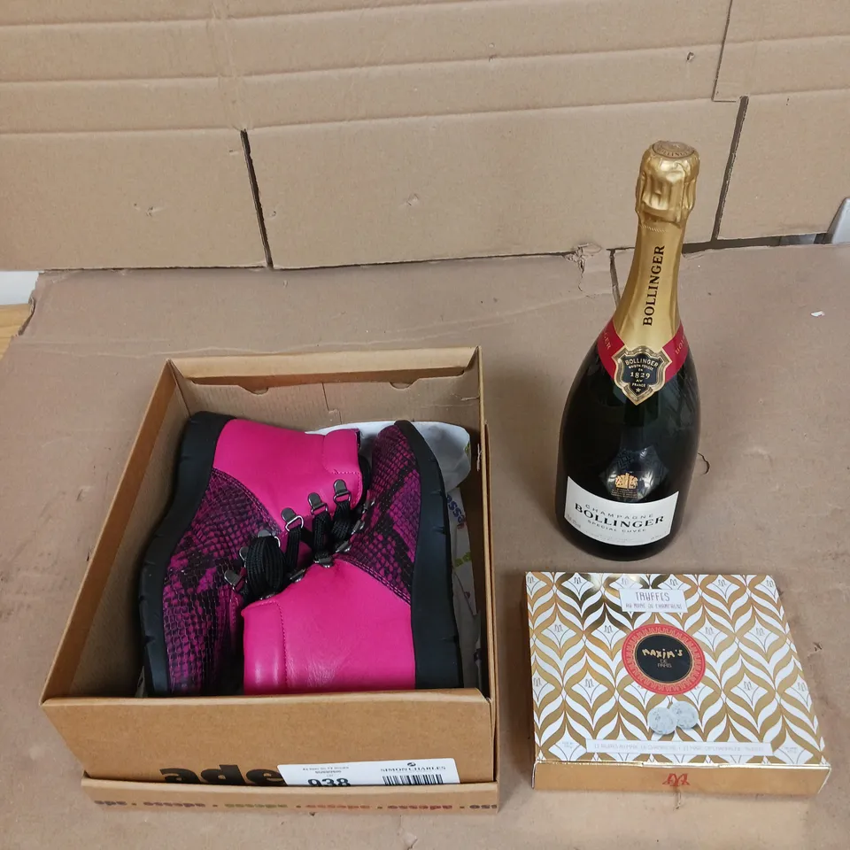 BOX OF APPROXIMATELY 5 ASSORTED HOUSEHOLD GOODS TO INCLUDE - ADESSO BOOTS SIZE 6 - MAXIM'S TRUFFLES - BOLLINGER CHAMPAGNE - ETC - COLLECTION ONLY