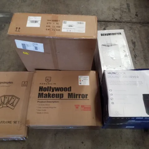 PALLET CONTAINING ASSORTED PRODUCTS INCLUDING HOLLYWOOD MAKEUP MIRROR, PICTURE FRAME SET, LED CEILING FAN LIGHT, DEHUMIDIFIER & DOUBLE AIR FRYER