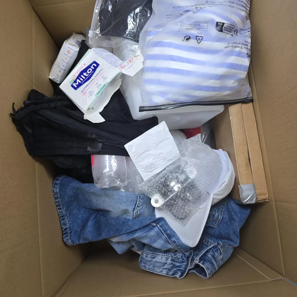 APPROXIMATELY 15 ASSORTED HOUSEHOLD PRODUCTS TO INCLUDE CLOTHING, STERILIZING TABLETS, HOME DECOR ETC