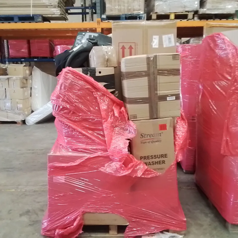 PALLET CONTAINING VARIOUS ASSORTED BOXED HOUSEHOLD ITEMS TO INCLUDE: SLEEPING BAG, 3D PRINTER, PRESSURE WASHER AND LOTS MORE UNMARKED BOXED ITEMS 