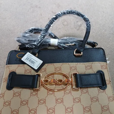BEBE LEILANI PRINTED MONOGRAM SATCHEL – ALMOND/BLACK