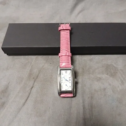 RECTANGULAR WATCH WITH PINK CROCODILE-EMBOSSED LEATHER STRAP AND BLUE CABOCHON CROWN