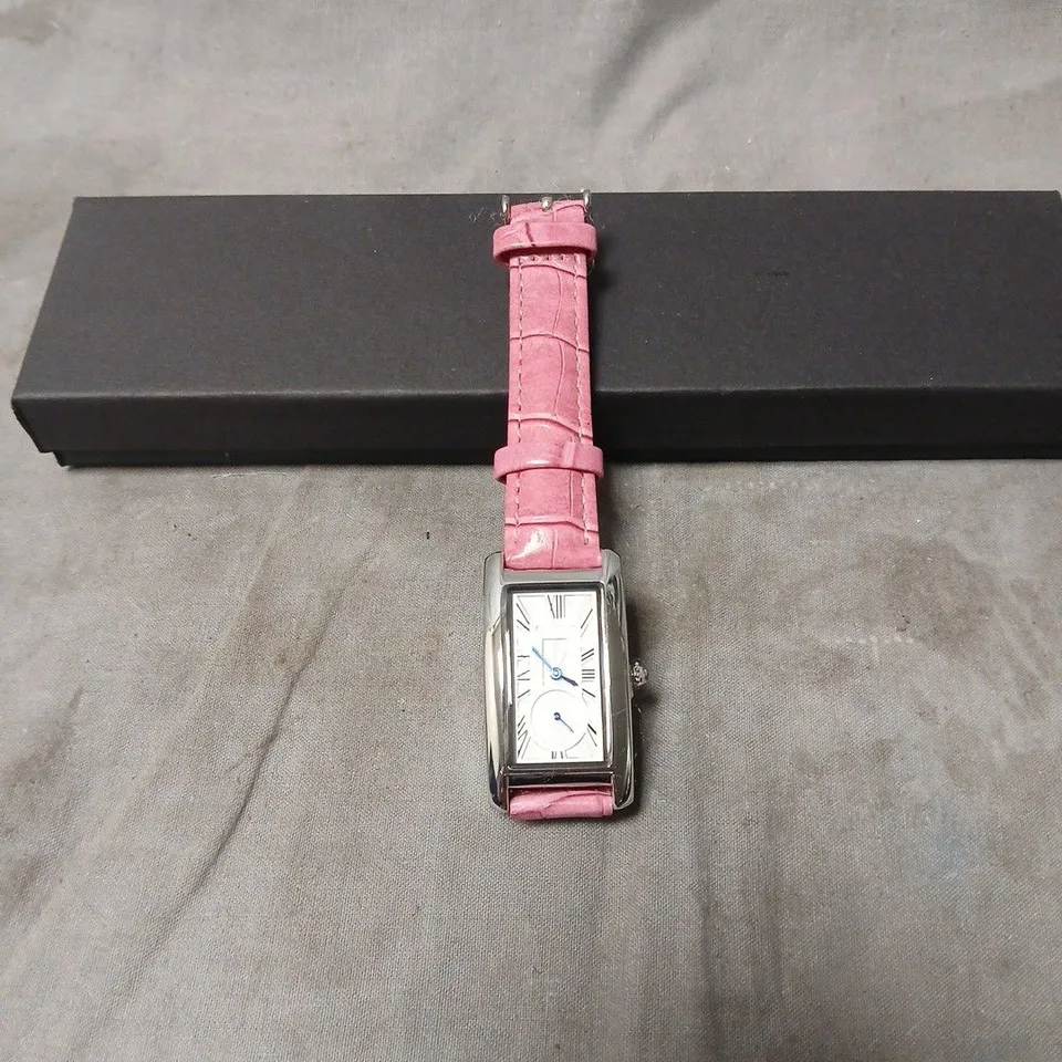 RECTANGULAR WATCH WITH PINK CROCODILE-EMBOSSED LEATHER STRAP AND BLUE CABOCHON CROWN