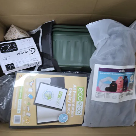 APPROXIMATELY 15 ASSORTED HOUSEHOLD PRODUCTS TO INCLUDE CLOCK, VOLILA 3.5L HOT WATER BOTTLE, A4 PRESENTATION DISPLAY BOOK, ETC - COLLECTION ONLY