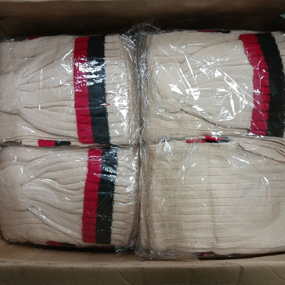 APPROXIMATELY 52 STRIPED WOOLY HATS IN CREAM/BROWN/RED