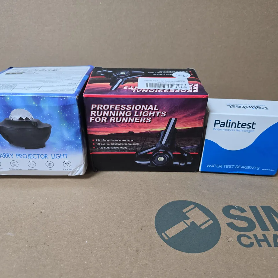 BOX OF APPROXIMATELY 15 ASSORTED HOUSEHOLD ITEMS TO INCLUDE STARRY NIGHT PROJECTOR, RUNNING LIGHTS AND PALINTEST WATER TEST REAGENTS