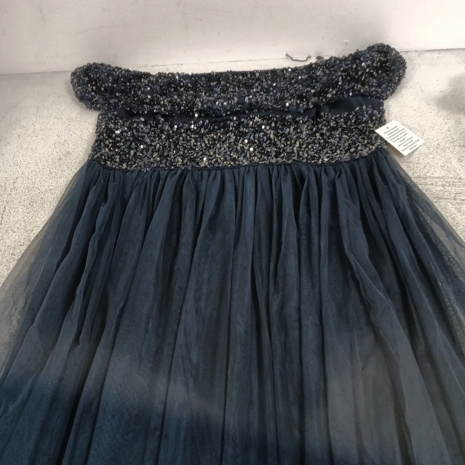 MAYA BARDOT EMBELLISHED MIDI DRESS – NAVY, SIZE 22