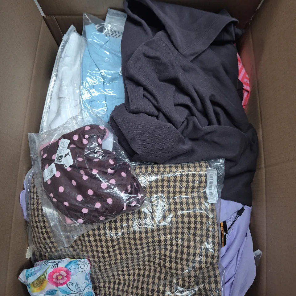 LARGE BOX OF APPROXIMATELY 25 ASSORTED CLOTHING ITEMS IN VARIOUS COLOURS, STYLES AND SIZES - COLLECTION ONLY