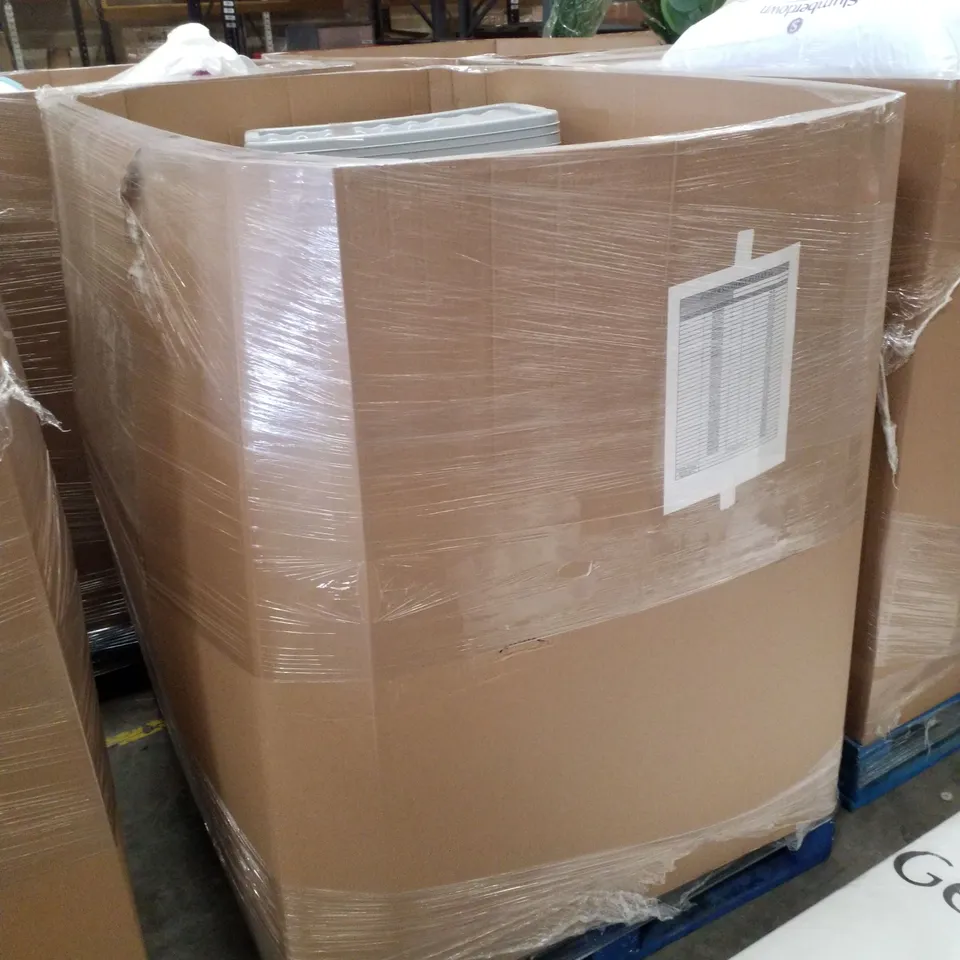 PALLET CONTAINING APPROXIMATELY 34 PRODUCTS INCLUDING COT MATTRESS, PILLOWS, SIDE TABLE & STORAGE TUBS