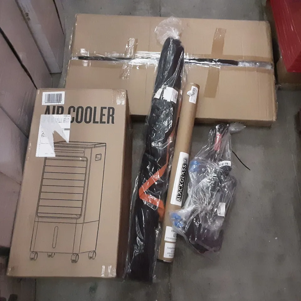 PALLET OF ASSORTED PRODUCTS INCLUDING KKTONER BAR TABLE, ERGONOMIC CHAIR WITH COAT HANGER, AIR COOLER, BLACK GLASS IN, TIYASTUN POP-UP TENT, TICKET RGB GAMING KEYBOARD AND MOUSE