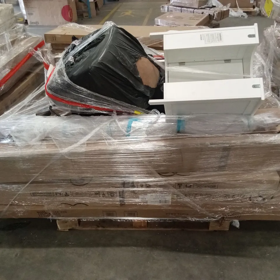 PALLET OF ASSORTED DESIGNER DAMAGED OR INCOMPLETE FURNITURE AND FURNITURE PARTS AND PIECES