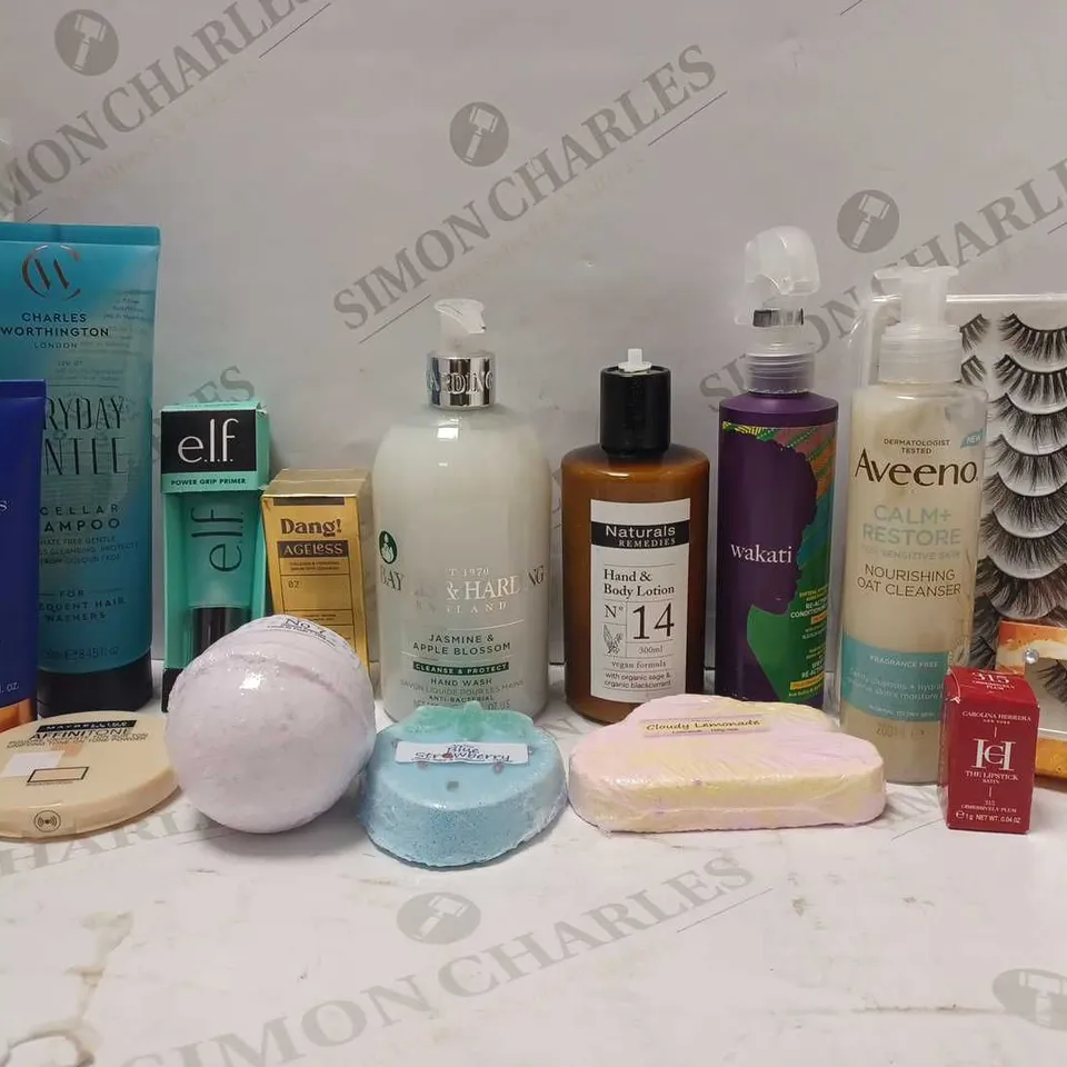 LOT OF APPROX 12 ASSORTED BEAUTY PRODUCTS TO INCLUDE ELF GRIP PRIMER, AVEENO OAT CLEANSER, CLOUDY LEMONADE BATH BOMB, ETC 